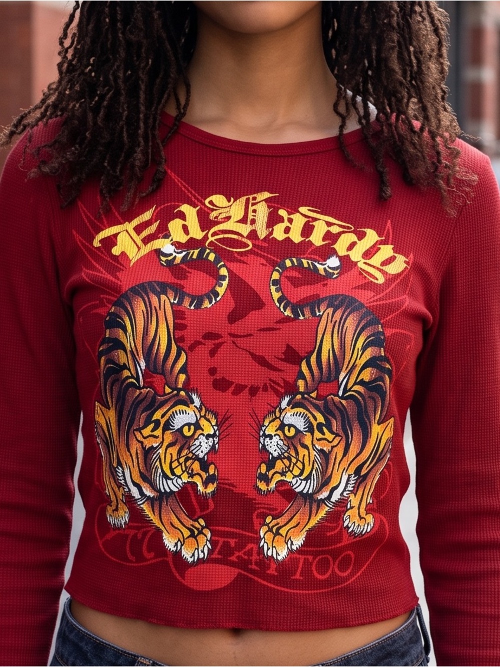 Ed Hardy Red Burgundy Long-Sleeve Shirt Tiger Graphic Waffle Knit Crop Top Large - Picture 9 of 9